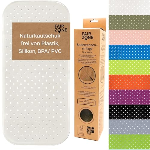FAIR ZONE Alfombrilla antideslizante para bañera, 76 x 34 cm, sin plástico, FSC, caucho natural, 100% BPA + PVC, color blanco perla