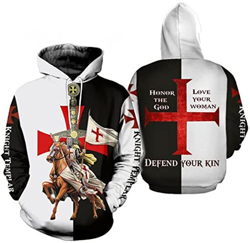 oneforus Sweat à Capuche Homme 3D Chevaliers Templiers Sweat à Capuche imprimé noël Halloween Automne Hiver Cordon Sweat à Capuche