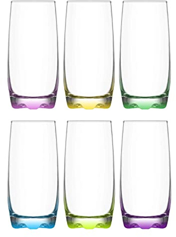 Highball Tumbler Drinking Glasses with Coloured Base Design - 240ml Capacity - Set of 6 Glasses