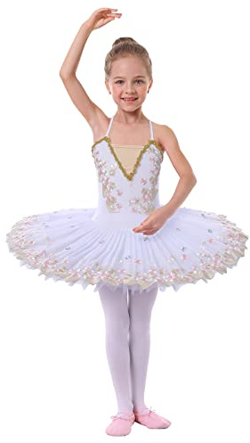 Ballettkleidung Mädchen Kinder Spaghettiträger Blume Feder Stickte Ballettkleid Tanzbody Turnanzug Tüll Tutu Tanzkleid Gymnastikanzug Ballettanzug Balletttrikot Ballerina Kleider B#Weiß 9-10 Years