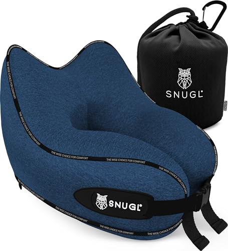 SNUGL Nackenkissen Memory Foam Waschbar & Verstellbar | Kuscheliges Nacken Reisekissen Für Flugzeug, Auto & Unterwegs | Reise-Kissen Nackenhörnchen, Neck Travel Pillow (Marineblau, Erwachsener Normal)