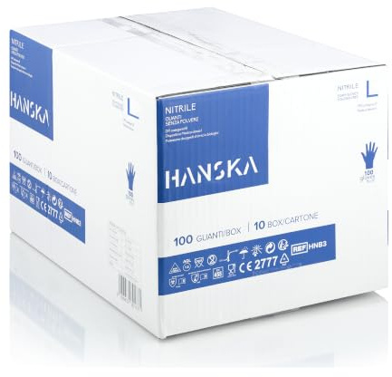 HANSKA Paquete de 1000 guantes desechables de nitrilo Azul - Sin polvo - Desechables - Ambidiestros - Base de goma - Apto para uso médico y manipulación de alimentos (1000, L)