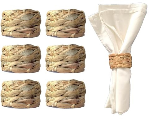 Laquedecraft Set 6 gewebte Serviettenringe aus Wasserhyazinthe | Rustikaler Boho-Serviettenhalter aus Weidengeflecht | natürlicher Rattan-Serviettenring für Esstisch, Party
