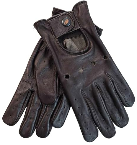 German Wear Lederhandschuhe Herren Autofahrerhandschuhe aus echtem Lammnappaleder Retro offener Handrücken perforierte Finger mit Druckknopf atmungsaktiv weich für Autofahren Rennsport Touring