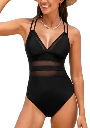 CUPSHE Damen Badeanzug V Ausschnitt Netzstoff Zierausschnitte Doppelträger Strandmode Einteilige Bademode Swimsuit Schwarz XS