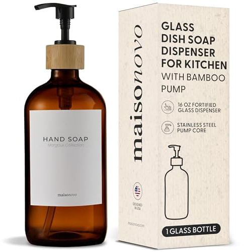 MaisoNovo Glas Seifenspender Bad Set 1er - 500 ml Bernstein Handseifenspender mit Schwarz Bambus Pumpen, Wasserfeste Etiketten | Glasflasche für Duschgel, Lotion, Shampoo oder Spülung, Waschbecken, Bad oder Arbeitsplatte, 480 ml