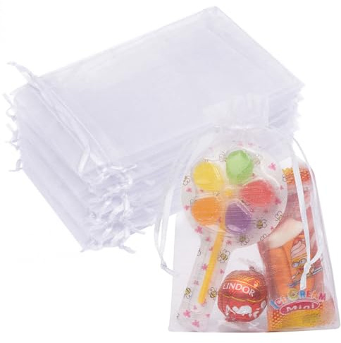 Crweety Weiße Organza-Beutel, 10,2 x 15,2 cm, kleine Netzbeutel mit Kordelzug, kleine Geschenktüten für Schmuck, Süßigkeiten, Partygeschenke, 50 Stück
