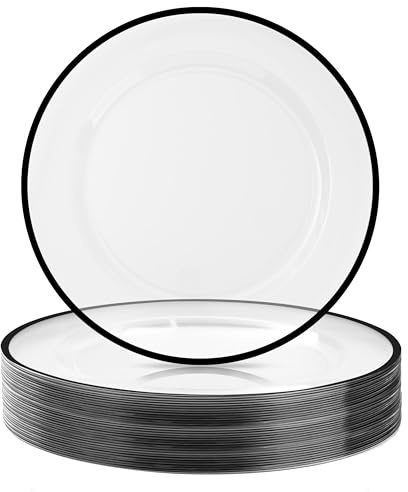 BESTSTAR 50 Pack 12 Inch Clear Charger Plates with Black Rim | Disposable Plastic Table Decor Set for Party, Wedding, Dinner & Halloween