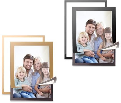 FuninCrea 4 Pack A4 Picture Frame Magnetic Photo Frames Self Adhesive Poster Frames Quick Replacement A4 Certificate Frame Display Frames with Adhesive Backing (Golden+Black, 6 x 8 inch)