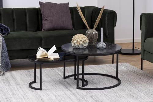 möbelando Satztisch >Spiro< (2-teilig) in schwarz, Glas, MDF, Stahl - 70x42x70cm (BxHxT)