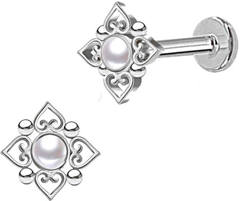 DENI 1 Labret design originale 6 mm con perla per trago, elice e qualsiasi parte dell'orecchio, bastone corto 6 mm e spessore standard 1,2 mm., Argento