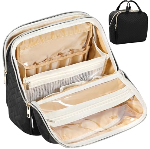 JOYYTUU Makeup Bag, Large Capacity with Room for Brushes and Mirror, Travel Makeup Organizer, Portable Standing Make Up Case, Waterproof Cosmetic Toiletry Bags with Handle, Color Black