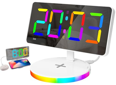 Pumwoy Radio Despertador con Carga Inalámbrica ＆ Carga USB, Despertador Digital con LED ＆ RGB, Despertador Espejo con Luz Nocturna Ajustable, Reloj de Mesa con 2 Alarmas ＆ Función de Repetición 12/24h