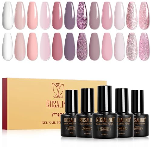 ROSALIND UV Nagellack Set,12 Farben Weiß Rosa Nude lila Haferflocken Glitzer Farbgel Gelnägel, Soak Off UV LED Gel lack Maniküre Geschenkset