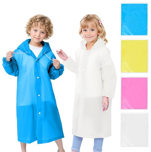 Maveek 4 Pack Kids Raincoat for Boys and Girls, 4 Colors Waterproof Poncho Hooded Rain Jacket for Kids Ages 5-10, Reusable Children Rain Coats for Theme Park, School, Camping, Hiking, Travel