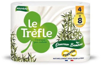 Le Trèfle Douceur Bambou - 4 Rouleaux de Papier Toilette, triple épaisseur, 260 Feuilles par Rouleau, Naturellement doux pour la Peau, Rouleaux dotés de Fibres de Bambou,Certifié FSC, Emballage Papier