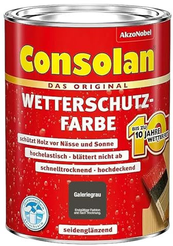 Consolan Wetterschutzfarbe, Deckender Holzschutz für Außen, Galeriegrau, 750 ml