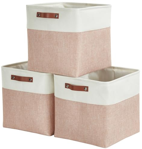Mangata Collapsible Storage Cube Boxen, 28CM Cube Leinen gewebt Stoff Lagerung Körbe mit Ledergriffen 3PCS(Pink und Weiß)