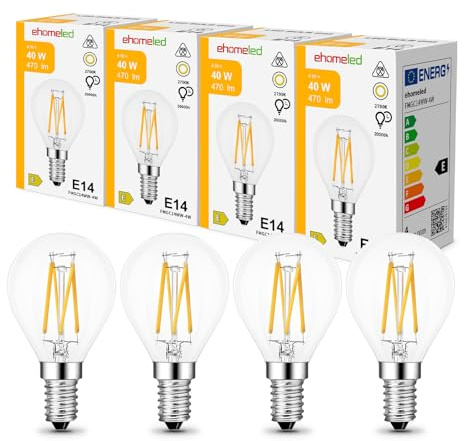 E14 LED G45 Mini Glühbirne 4W ersetzt 40W Glühlampe, Warmweiß 2700K 4 Stück | 470LM E14 LED Warmweiss G45/P45, Nicht Dimmbar, Klares Glas & Retro-Filament Vintage LED Lampe für Kronleuchter & Tischlampe