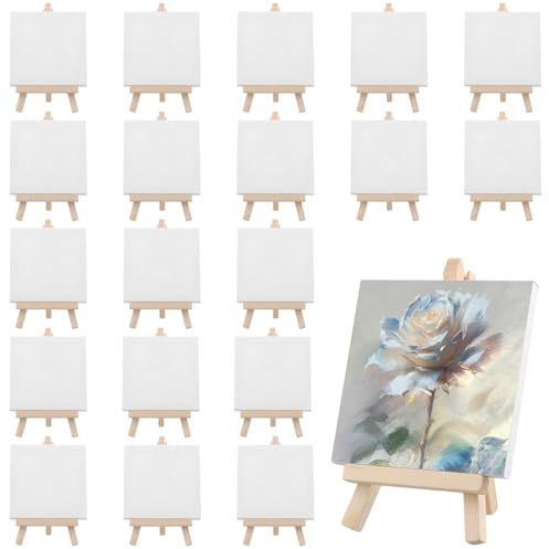 SINJEUN 20 Stück Mini Leinwand mit Staffelei, 8 x 15 cm Staffelei mit 10 x 10 cm Mini Leinwand Set für Hochzeit Dekoration