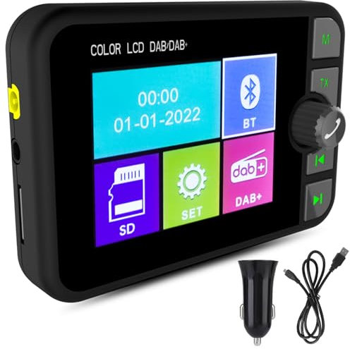 CAMECHO DAB+ Car Radio Adapter 2.4 LCD Bluetooth FM Transmitter Handsfree Call Car Stereo MP3 Player Music Receiver, Dab Radio for Car with Bluetooth TF Card/AUX Output/DAB Antenna