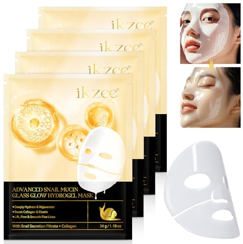 Advanced Snail Mucin Glass Glow Hydrogel Mask 4 Stück, Kollagen Gesichtsmaske, Collagen Face Real Deep Mask, Snail Mucin Serum Glass Skin Face Mask Korean Skincare