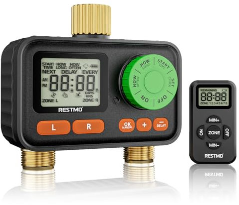 RESTMO Minuteur d'arrosage télécommandé RF avec entrée et sortie en laiton, minuterie d'eau pour tuyau d'arrosage, retardateur automatique/manuel/pluie pour robinet extérieur, irrigation goutte à