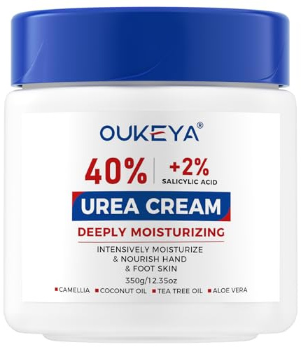 OUKEYA Nueva Fórmula Crema Urea 40% + Ácido Salicílico 2%, Hidratación Intensiva para Pies, Manos, Talones y Codos Secos o Agrietados, Elimina Callos y Fisuras, Suaviza y Repara la Piel, 350g