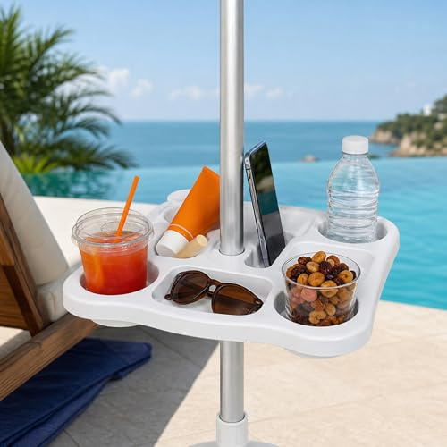 topolenashop Bandeja de Mesa para Sombrilla 37x37 cm con 4 Portavasos, Mesita de Palo con Compartimentos para Snacks, Smartphones y Accesorios, Compatible con Palos de 22-40 mm | 670552