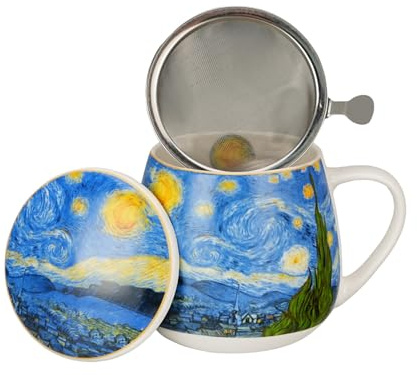 Duo ART GALLERY Fassbecher 430 ml mit Teesieb STARRY NIGHT inspired by Van Gogh, New Bone China Porzellan