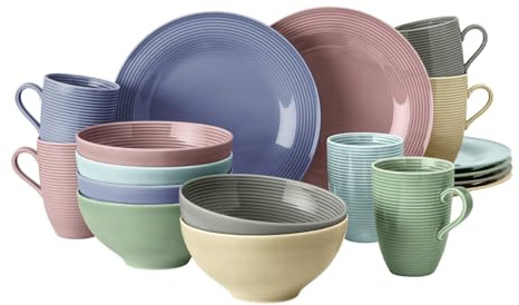 Seltmann Weiden Beat Color Glaze Frühstücksservice 18-teilig – Henkelbecher, Müslischalen und Frühstücksteller für 6 Personen – Porzellangeschirr mit Rillenrelief, Spülmaschinenfest – Mixed
