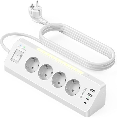 SUDEERY Eck Steckdosenleiste mit USB (2 Type-C), 4 Fach Desktop Mehrfachsteckdose Unterbausteckdose mit Schalter, Ecksteckdose Verteilersteckdose mit LED für Küche (Weiß)