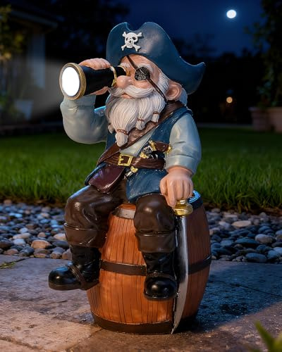 GaloTrek Solar Garden Gnome Statues Funny Resin Pirate Gnome Decorations Sitting on Wine Barrel Outdoor Figurines for Yard Patio Mom Gift
