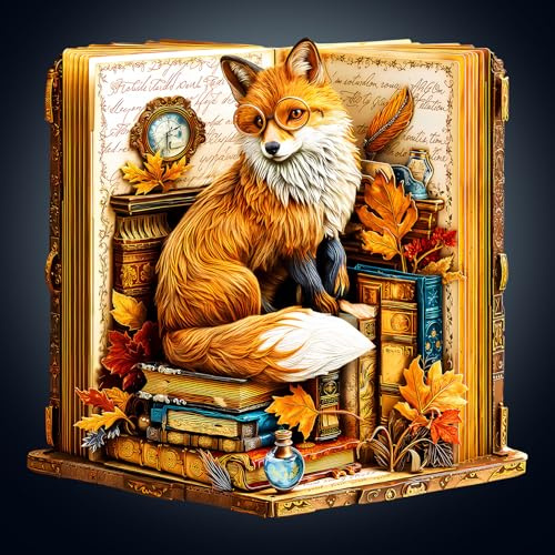 Holzpuzzle Erwachsene, 300 Teile Buch Fox Holz Puzzle Erwachsene | Unregelmäßige Einzigartige Holzpuzzle Tierform, Weihnachts Geschenke für Familie Freunde (34 * 32.7cm)