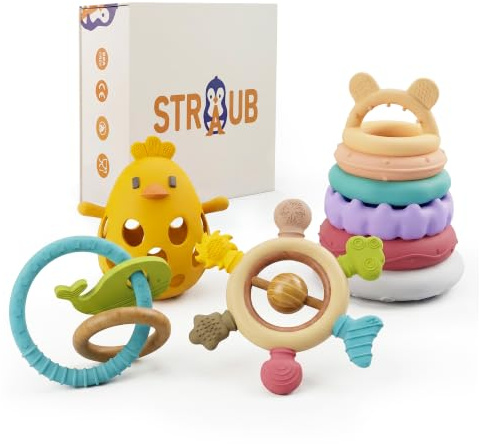 STRAUB Baby Spielset – Pädagogisch entwickeltes Lernspielzeug-Set – Beißring, Greifring, Greiffigur & Stapelturm – Baby-Spielzeug, Babyzubehör zur Förderung von Sensorik, Feinmotorik & Wahrnehmung