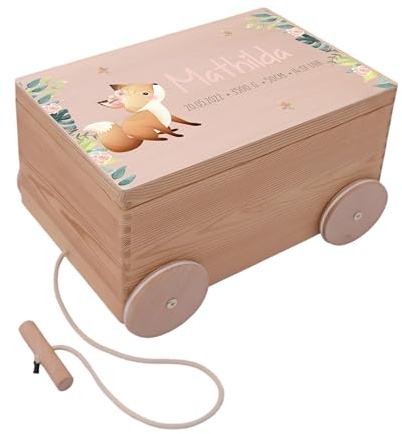 Kidsmood - Spielzeugwagen, personalisiert mit Namen – Spielzeugkiste zum Ziehen, Holzkiste mit Deckel, Aufbewahrungsbox für Baby Spielzeuge, Tolle Erinnerungskiste Baby, Geschenk zur Geburt & Taufe