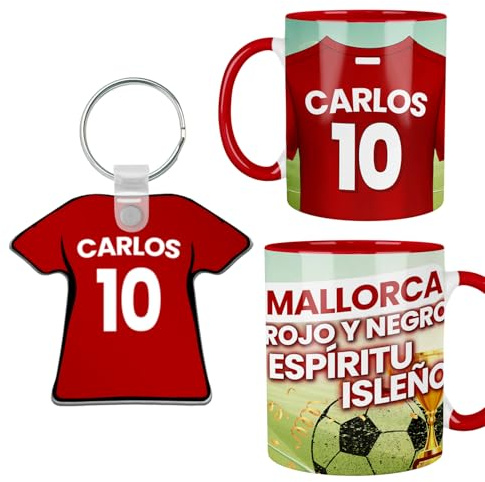 Kembilove® Pack Taza y Llavero Mallorca Personalizados | Regalo Fútbol con Nombre y Número | Taza RCD Mallorca Personalizada Niño Adulto | Orgullo Bermellón | Detalle Aficionados