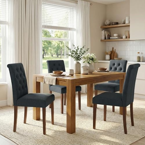 Clevich Esszimmerstühle 4er Set, Knopfgeheftete Polsterstühle Chesterfield Stil mit Massivholzbeinen, Weiche Gepolsterte Sitzfläche, für Esszimmer und Küche(Dunkelgrau, 4pcs, leinen)