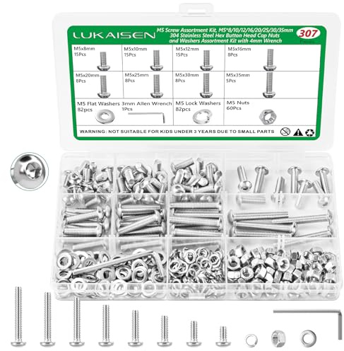Set di 307 viti M5, testa cilindrica, dadi esagonali, viti a testa bombata con dadi, assortimento di viti per macchina, viti filettate e dadi con rondelle