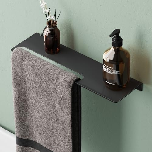Mai & Mai Mensola da Parete Multifunzionale 40cm, Mensola per Doccia in Alluminio con Portasciugamani Mensola da Appendere per Bagno e Cucina, Nero Opaco, Reglo-06