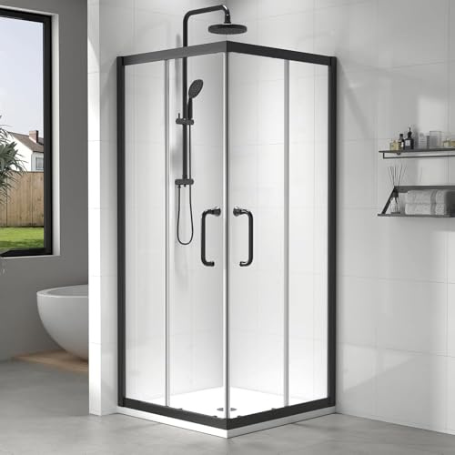 EASYWORC 36 W x 36 D x 72 H Corner Shower Enclosure with Shower Base, Double Sliding Corner Shower Door, 1/4 (6mm) Tempered Glass, Matte Black Hardware