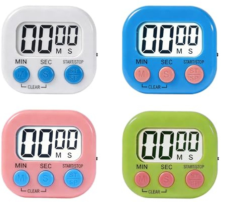 4 PCS Magnetic Digital Kitchen Timer for Kids, 4 Color Countdown Kitchen Timers for Cooking, Minute Seconds Egg Timer with Loud Alarm for Cooking, Study, Exercise, Work(Not Included Batteries)