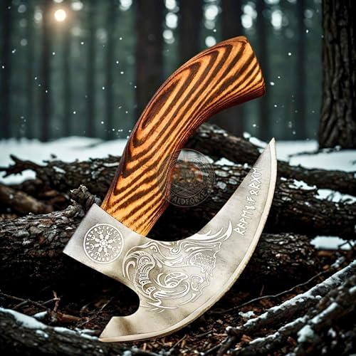 Viking Skull Pizza Cutter Axe with Leather Sheath - Carbon Steel Axe Blade with Wood Handle - Viking Style Pizza Cutter Skull Design - Best for Him and Her