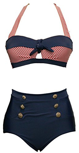 bslingerie® Ladies Retro Vintage Push Up High Waisted Bikini Swimsuit Plus Size (S, Red Striped Keyhole)