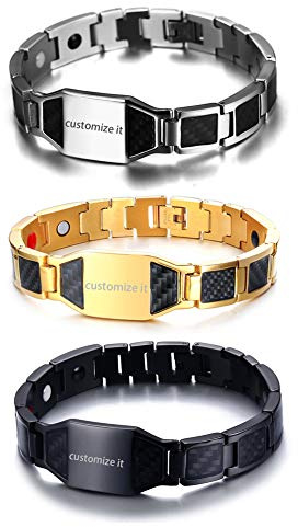 JewelryWe Schmuck 3pcs Personalisierte Herren Magnetarmband mit Gravur, Edelstahl Kohlenstoff Faser Kohlefaser Magnet Armband Armreif Armkette, Schwarz Gold Silber