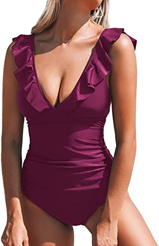 CUPSHE Badeanzug Damen V Ausschnitt Rüschen Monokini Bauchweg Pflaume XXL