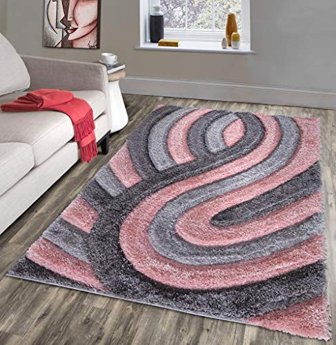 RUGS SUPERSTORE NEW BLUSH ROSE PINK GREY SILVER SILKY SOFT SHAG PILE RUG SWIRL DESIGN CONTEMPORARY SHAGGY MAT (120X170CM)