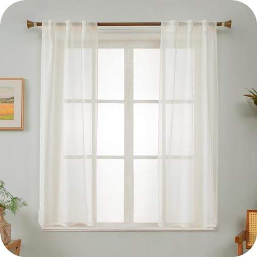 GIRASOLE HOME Coppia Tende Haiti Filtranti Simil Lino con Trama a Croci 2 Pannelli con Tasca e Passanti Nascosti (Panna, 70x150cm)