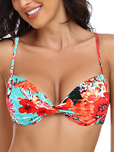RELLECIGA Women's Push Up Bikini Top Twist Front Underwire Bathing Suit (Small, Blue Floral, s)