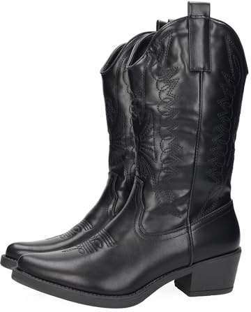 ZAPATOP U8A-AX8320-2 Botas Cowboy Mujer Diseño Bordado Imitación Piel Botas con Cremallera Tacón 5 cm Moda Viejo Oeste, Calzado Cowboy Mujer Botines Negro 39